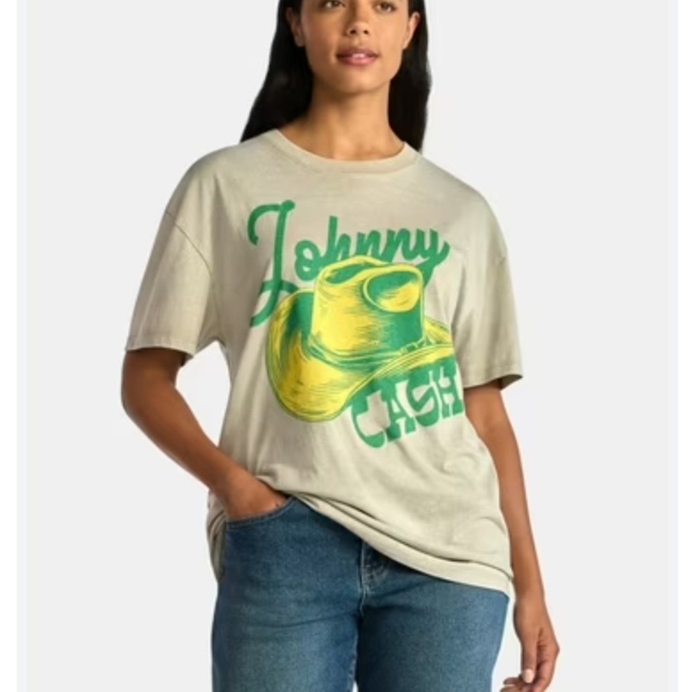 Johnny Cash I Walk The Line Graphic T-Shirt Tan XXS Oversized‎ Cowboy Boots Hat
